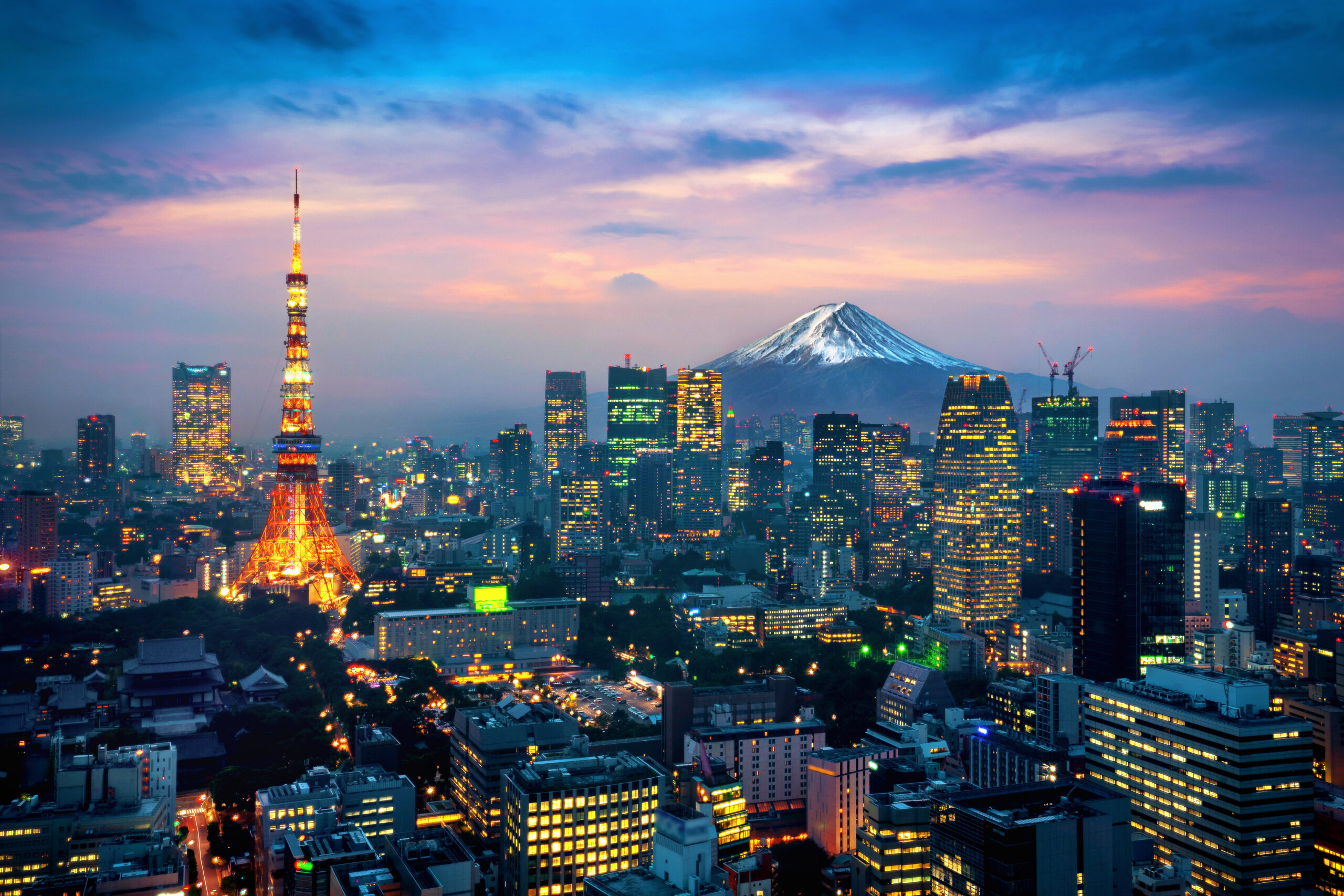Aerial view of Tokyo cityscape with Fuji mountain in Japan.